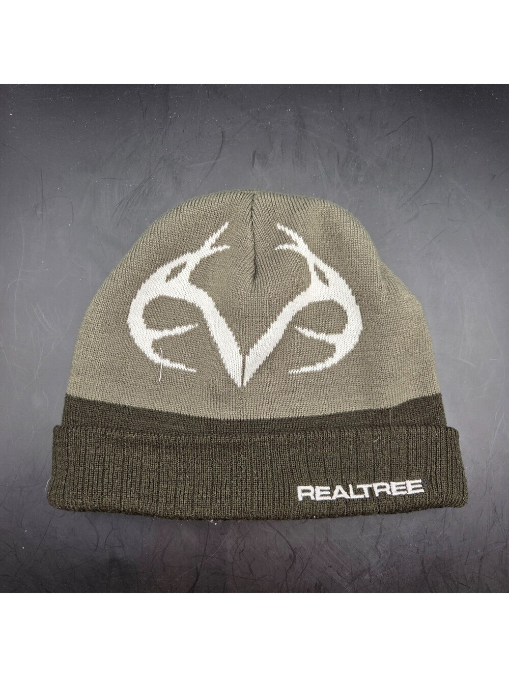 Realtree Olive Green Gray Knit Beanie Hat OSFM Antler Logo Excellent Condition
